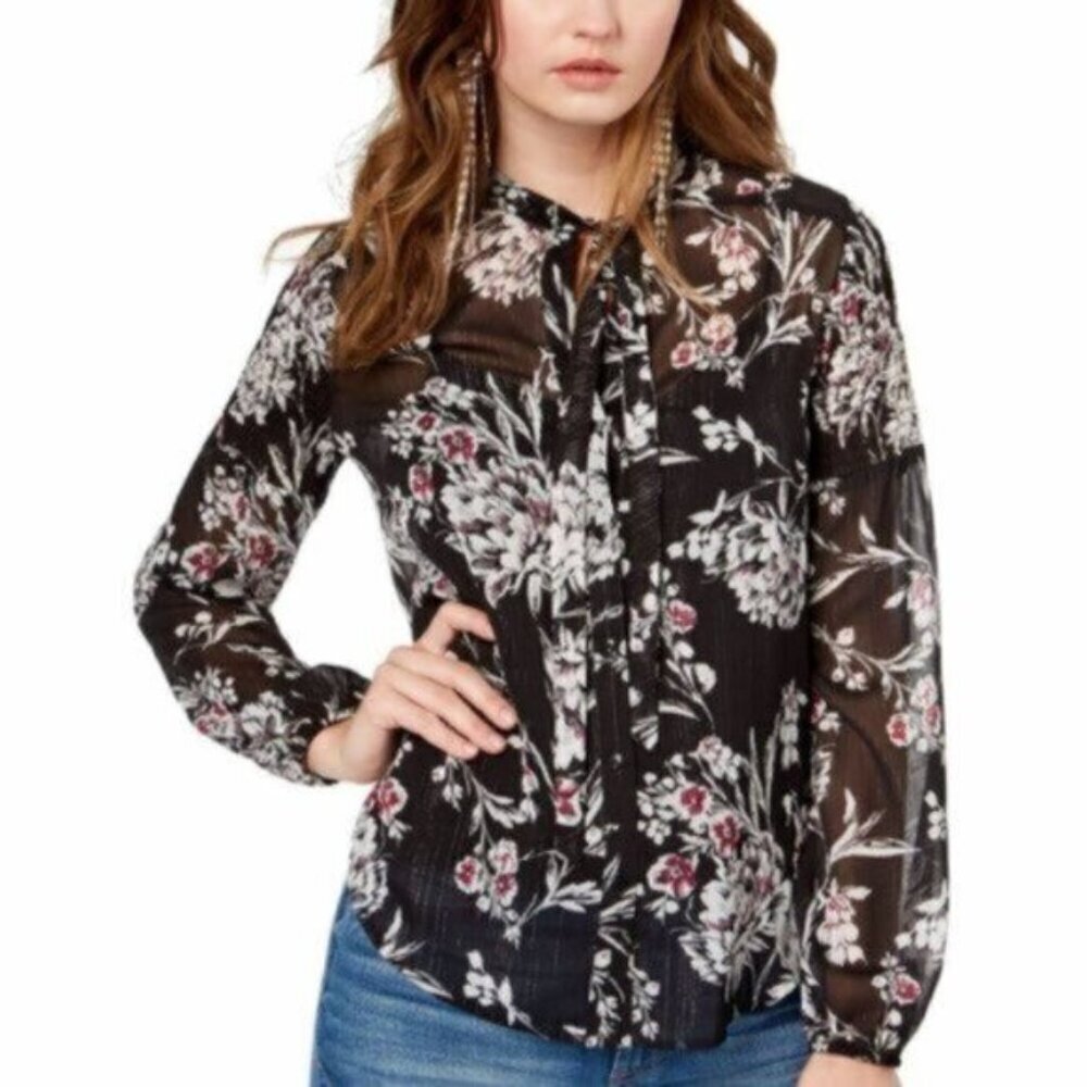 NWT Guess | Women's Silver & Black Sheer Floral Blouse Size Small